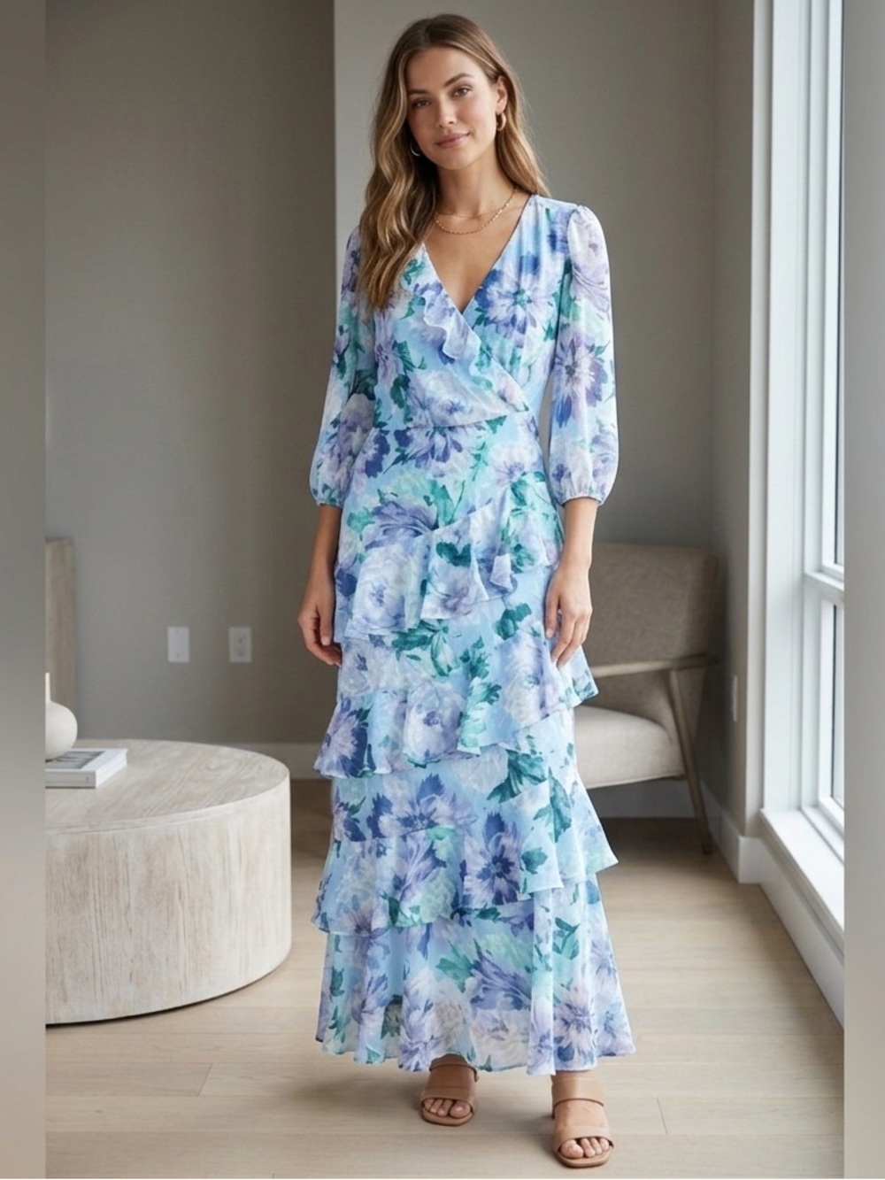 082-Laura Floral Ruffle Maxi Dress in Lavender and Aqua